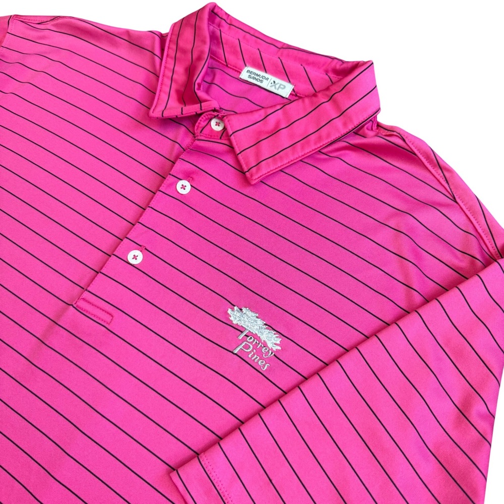 Bermuda Sands Polo Shirt Mens Large Pink Striped Torrey Pines Golf Performance